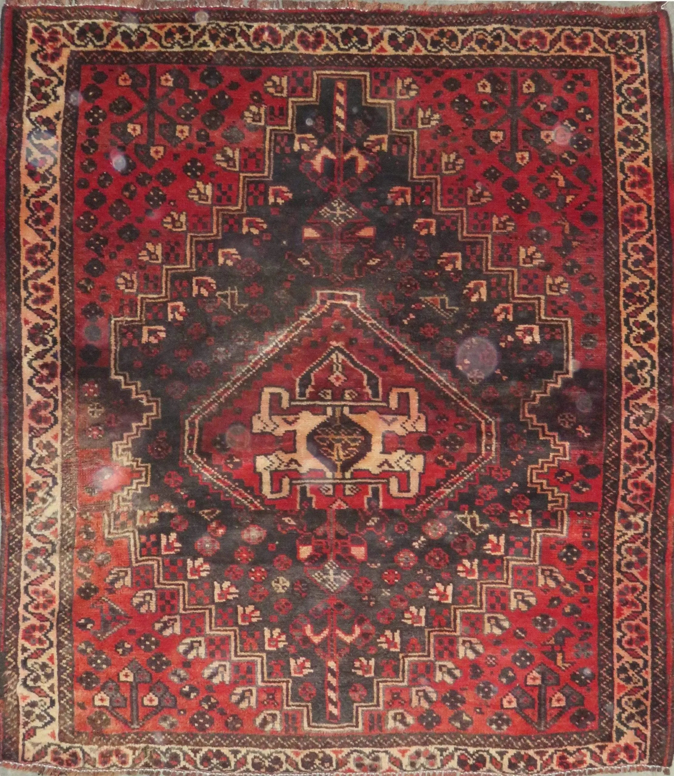 One Of The Kind Hand-Knotted Persian Wool Rug _ Luxurious Vintage Design, 4'9" x 4'1", Artisan Crafted